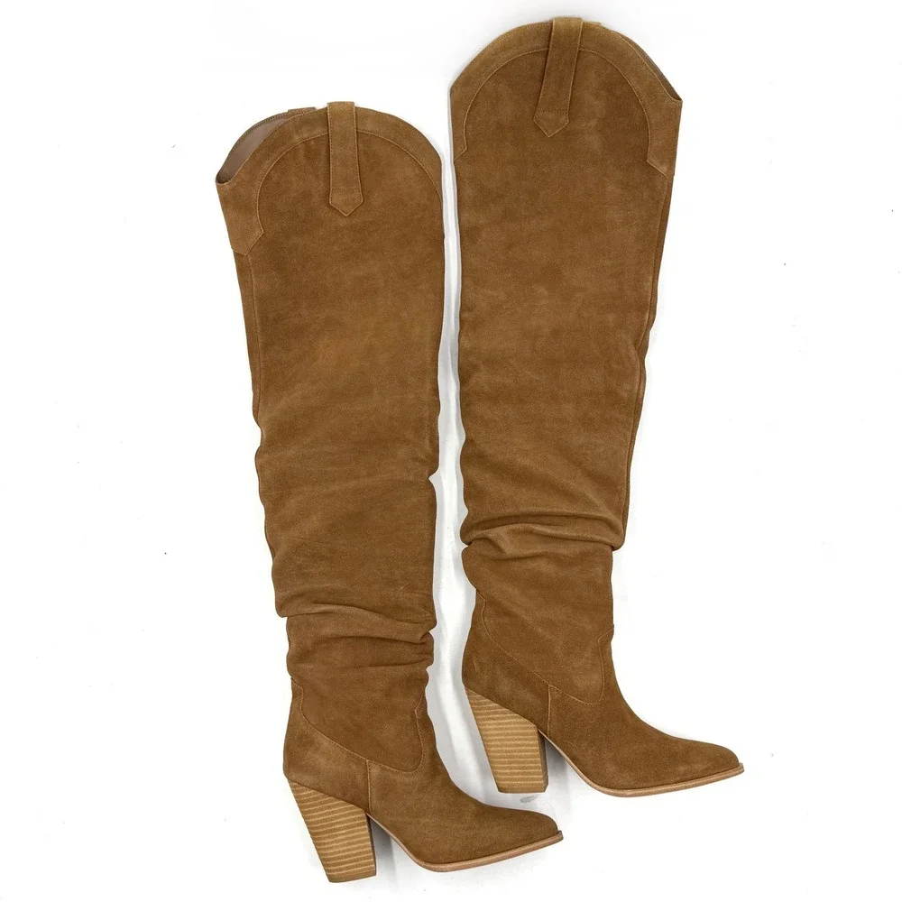 Steve Madden Landy Over The Knee Boots Western Block Heel Chestnut Suede 6.5